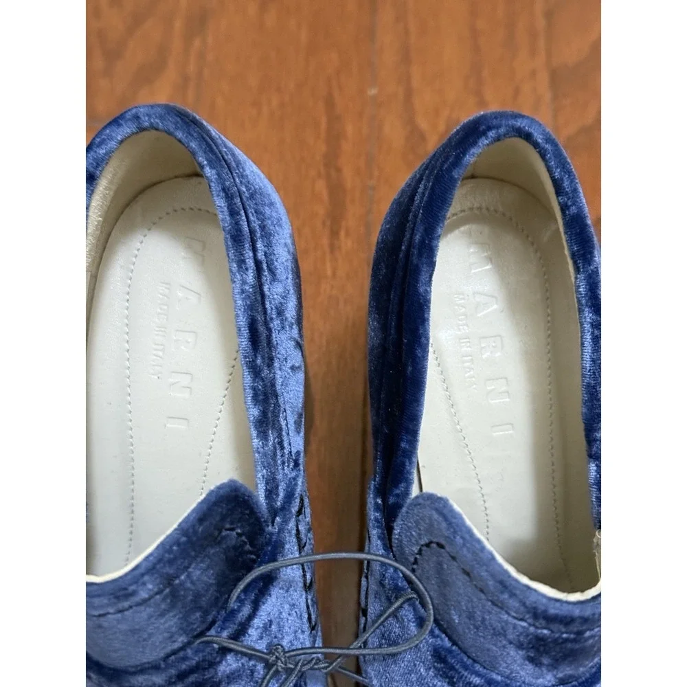 Marni Blue Velvet Platform Loafers Block Heel Square Toe Made in Italy Size 37.5